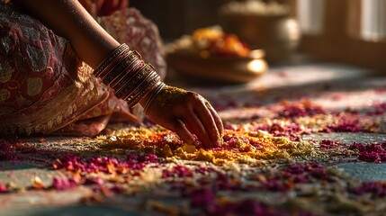 Traditional Indian Woman Hand Decorating Flower Rangoli in Colorful Festival Setting