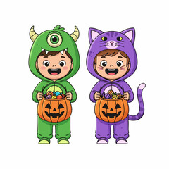 Cartoon Handdrawn Two Kids in Halloween Costume with Pumpkin Candy Bucket Illustration