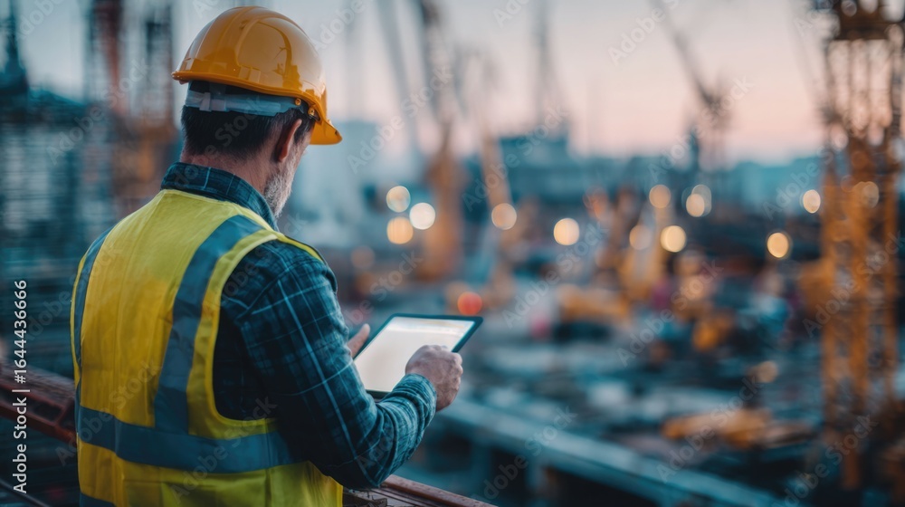 Aufkleber civil engineer or architect with hardhat on construction site checking schedule on tablet computer
