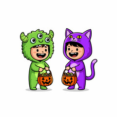 Cute Cartoon Illustration Two Children in Halloween Costume with Pumpkin Bucket