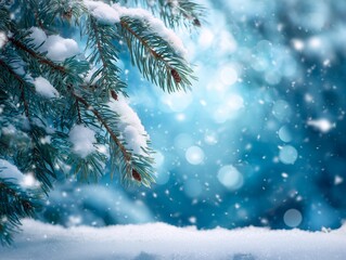 雪の積もったモミの木の枝と冬景色