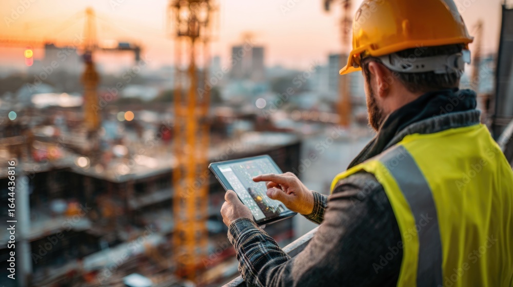 Poster civil engineer or architect with hardhat on construction site checking schedule on tablet computer