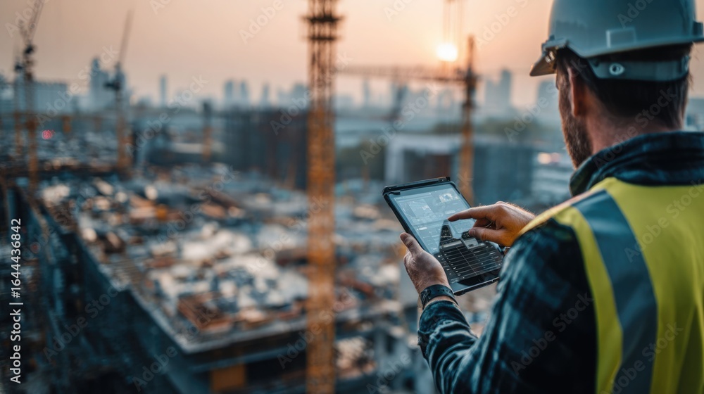 Poster civil engineer or architect with hardhat on construction site checking schedule on tablet computer