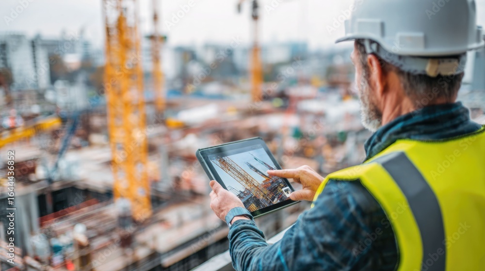 Poster civil engineer or architect with hardhat on construction site checking schedule on tablet computer