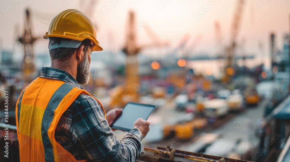 Poster civil engineer or architect with hardhat on construction site checking schedule on tablet computer