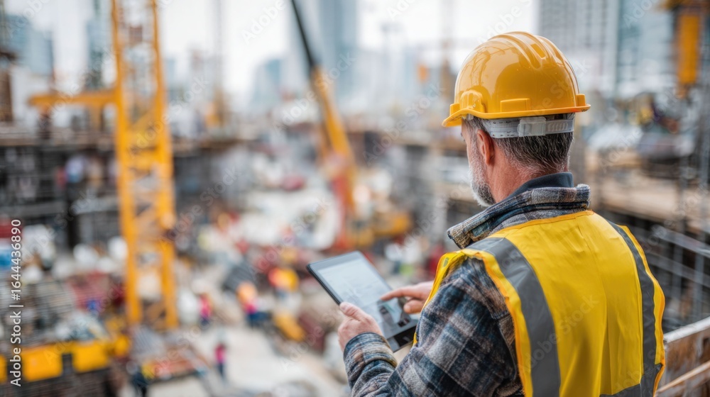 Poster civil engineer or architect with hardhat on construction site checking schedule on tablet computer