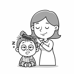 Black and White Outline Illustration Mother Comb Child Hair at Morning