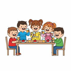 Happy Handdrawn Children Enjoying Meal Together at Dining Table Illustration