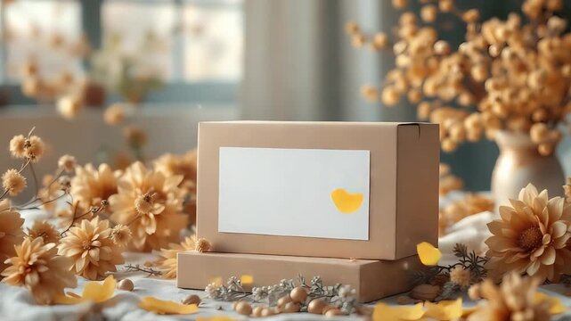 Beautiful Decorative Box Surrounded by Golden Petals and Flowers in Cozy