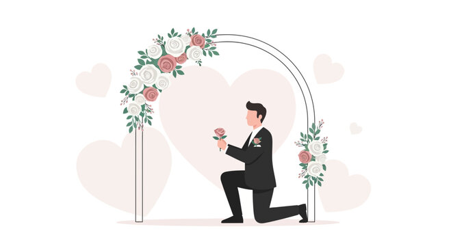Romantic marriage proposal scene with groom kneeling and presenting a rose beneath floral arch