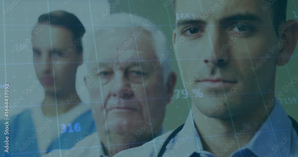 Poster health care team with translucent data grid fading in and updating numbers while focusing on doctor