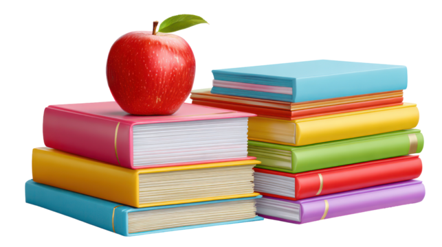 Stack of Colorful Books with Red Apple on Transparent Background