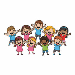 Cartoon Cheerful Diverse Group of Kids Raising Arms Together Illustration