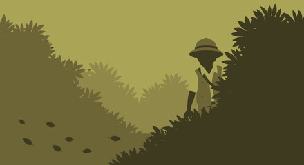 Stylized jungle exploration scene featuring a figure in a pith helmet among lush vegetation