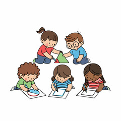 Cute Handdrawn Group of Children Playing and Drawing Together Illustration