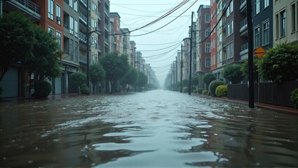 Naklejka premium A city street is flooded, rain pours down
