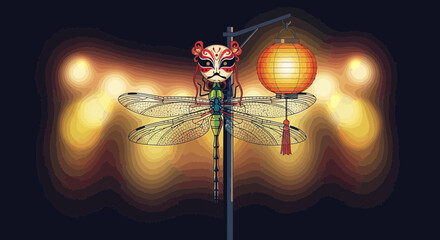 Surreal depiction of a dragonfly with a mask clinging to a lantern post with warm, blurred lights in the background
