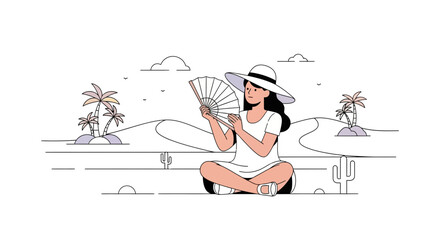 Serene desert escape woman enjoying summer with a fan and sun hat design