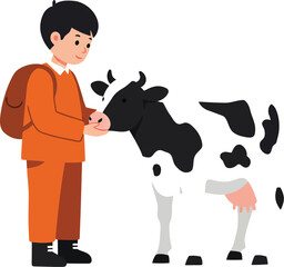 Child feeding black and white cow farm animal interaction vector illustration in orange outfit natural scene