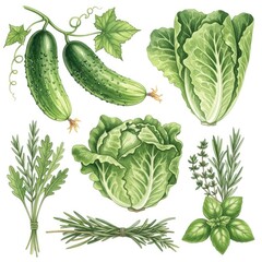 Watercolor Illustration of Fresh Vegetables and Herbs on White Background