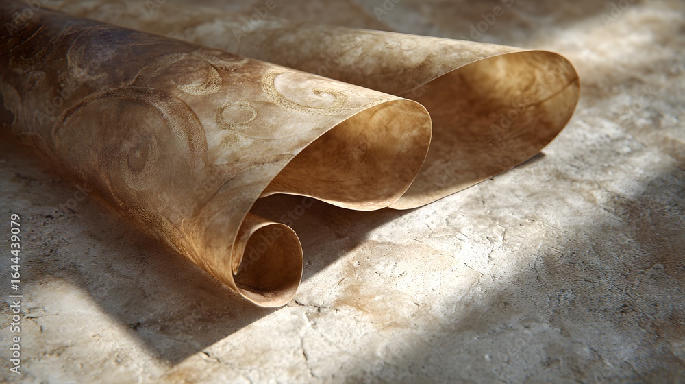 Poster rolled up sheets of decorative material on a textured surface.