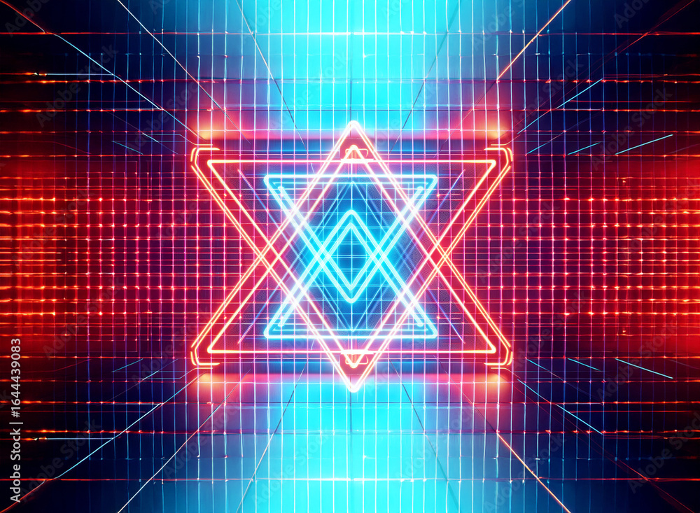 Poster vibrant neon lights illuminate a geometric tunnel, creating a futuristic and abstract design. blue a
