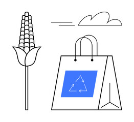 Corn stalk beside a recyclable bag with a recycling sign, emphasizing sustainability and eco-conscious practices. Ideal for ecology, recycling, biodegradable packaging, environmental awareness, zero