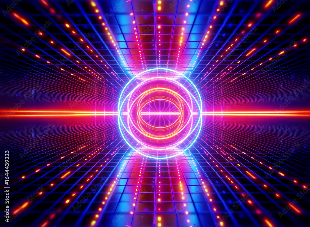 Aufkleber abstract futuristic tunnel with neon lights and a circular central glowing element. perspective view
