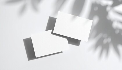 Elegant blank business cards mockup with natural leaf shadows on minimalist white background for branding design