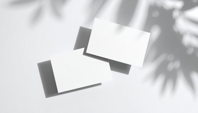 Elegant blank business cards mockup with natural leaf shadows on minimalist white background for branding design - Powered by Adobe