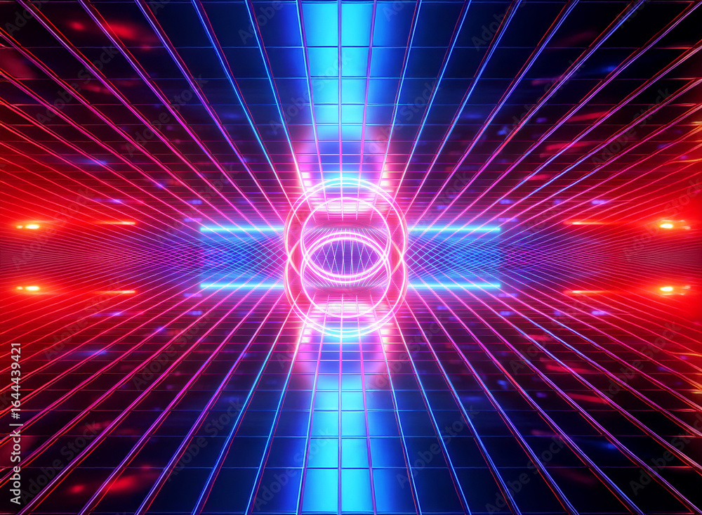 Poster vibrant perspective view with glowing red and blue neon lines forming a symmetrical grid pattern. il