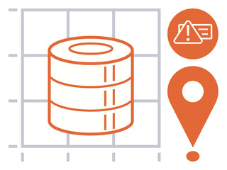 Stack of database disks over grid with geolocation marker and alert icon. Ideal for data management, geotracking, analytics, system monitoring, database errors, location-based services, simple flat