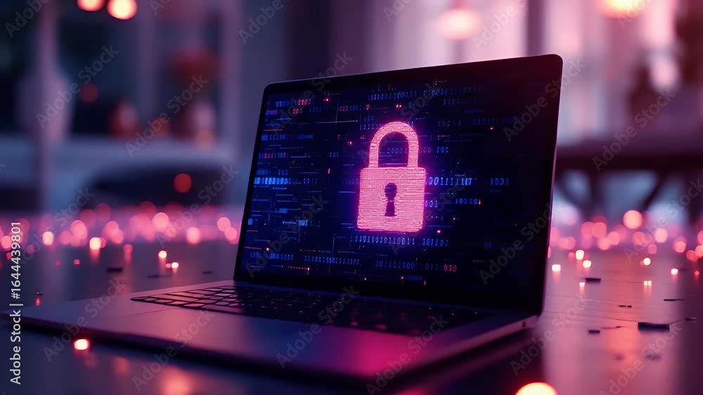 Aufkleber laptop displaying digital lock over colorful data flow background