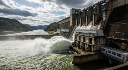 Obraz premium Hydroelectric dam with rushing water and electric turbines turning with the force of the flowing river water