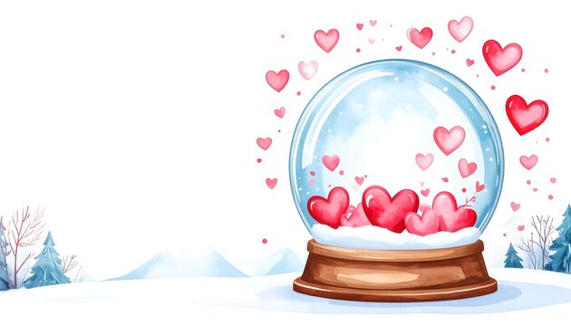 Watercolor illustration of a snow globe with pink hearts inside, set in a snowy winter landscape with trees. Valentine's Day Background. - Powered by Adobe