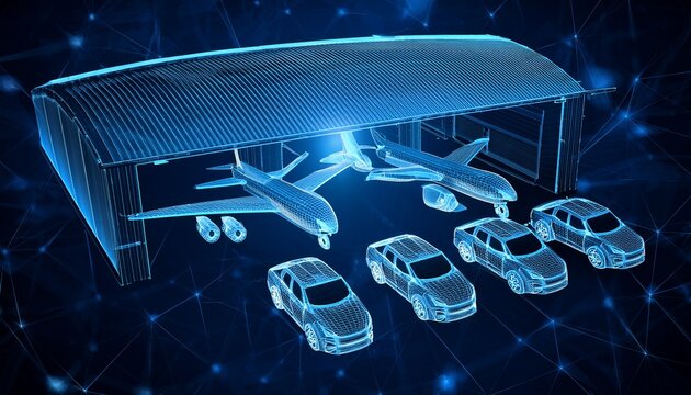 3d airplane and cars in a hangar top view with low poly wireframe mesh starry sky effect in dark blue - Powered by Adobe