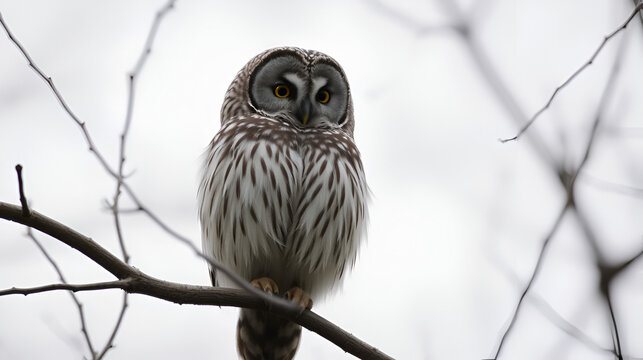 Close up of barred owl sitting on bare branch of tree on a cloudy day.