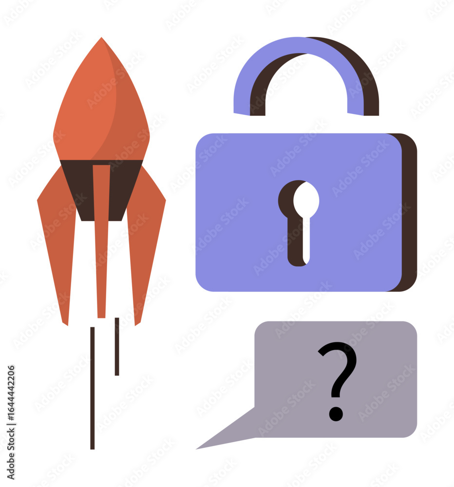 Poster rocket launching upward beside a locked padlock and a speech bubble with a question mark. ideal for 
