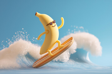 funny banana character surfing on small wave