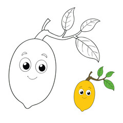 A fun coloring page featuring a ripe yellow mango hanging from a leafy branch, perfect for kids and adults to enjoy adding vibrant colors and creativity.
