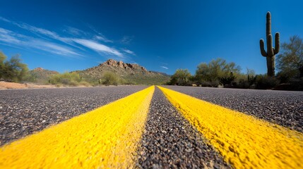 Yellow road markings on a desert highway.