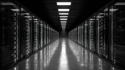 Obraz premium Dark hallway with servers lining each side, lit by overhead recessed lighting