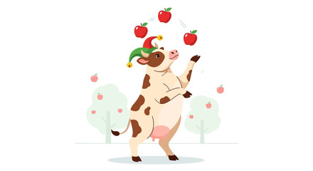 Naklejka premium Whimsical Cow Juggler: A Funny Farm Animal Character with Apples in an Orchard