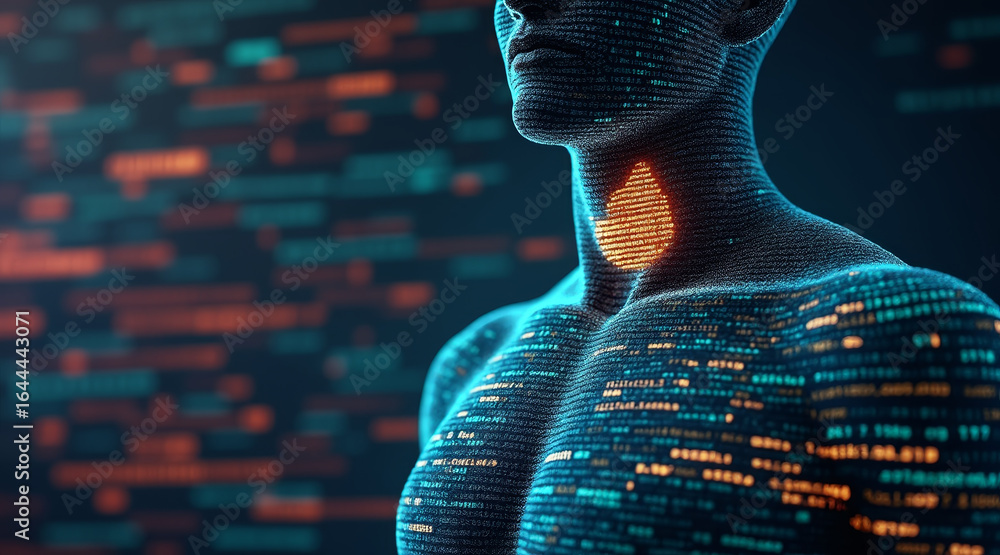 Aufkleber human figure made of data code highlights thyroid area, symbolizing intersection of technology and h