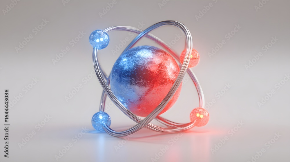 Aufkleber 3d rendering of an atom model with metallic spheres and glowing lines.