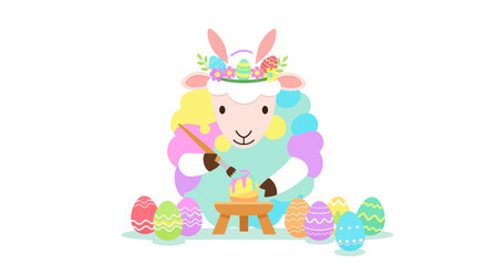 Fototapeta premium Whimsical Easter Lamb Paints Colorful Eggs Illustration For Holiday Celebrations