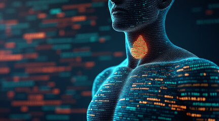 Human figure made of data code highlights thyroid area, symbolizing intersection of technology and health