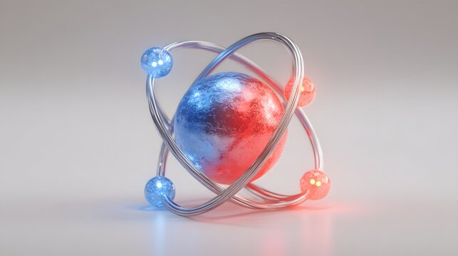 3d rendering of an atom model with metallic spheres and glowing lines.