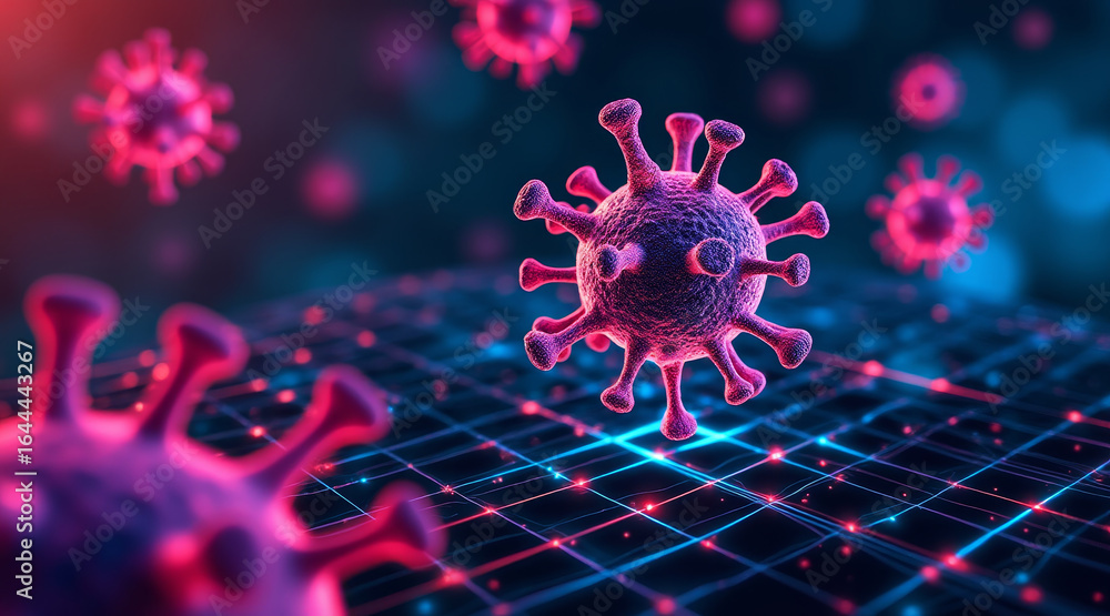 Poster hiv virus concept ,neon colored virus floating over geometric grid, creating captivating visual effe