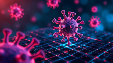 HIV Virus concept ,Neon colored virus floating over geometric grid, creating captivating visual effect